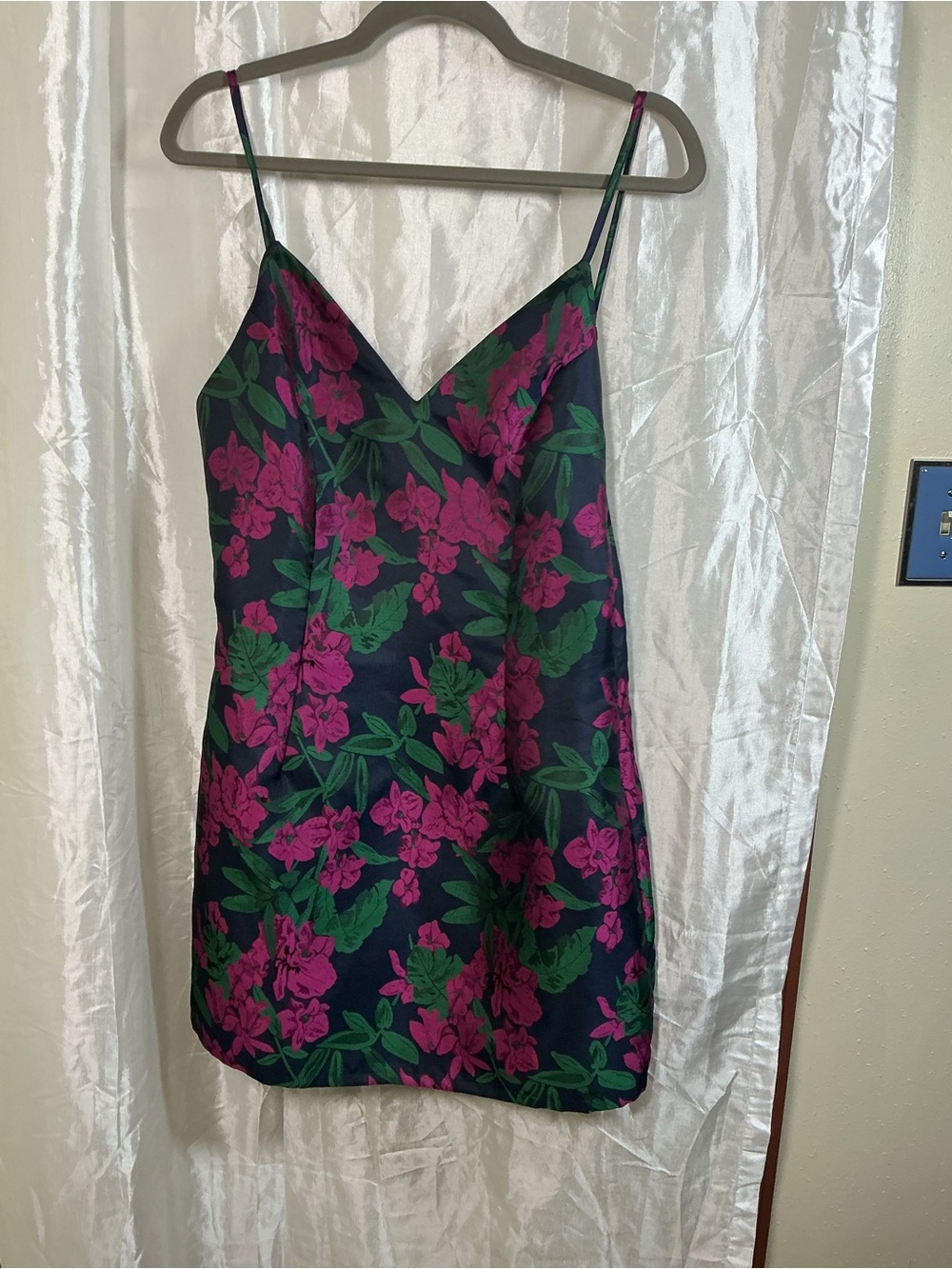 Lulu's Navy Mini Slip Dress with Fuchsia Floral & Green Leaves